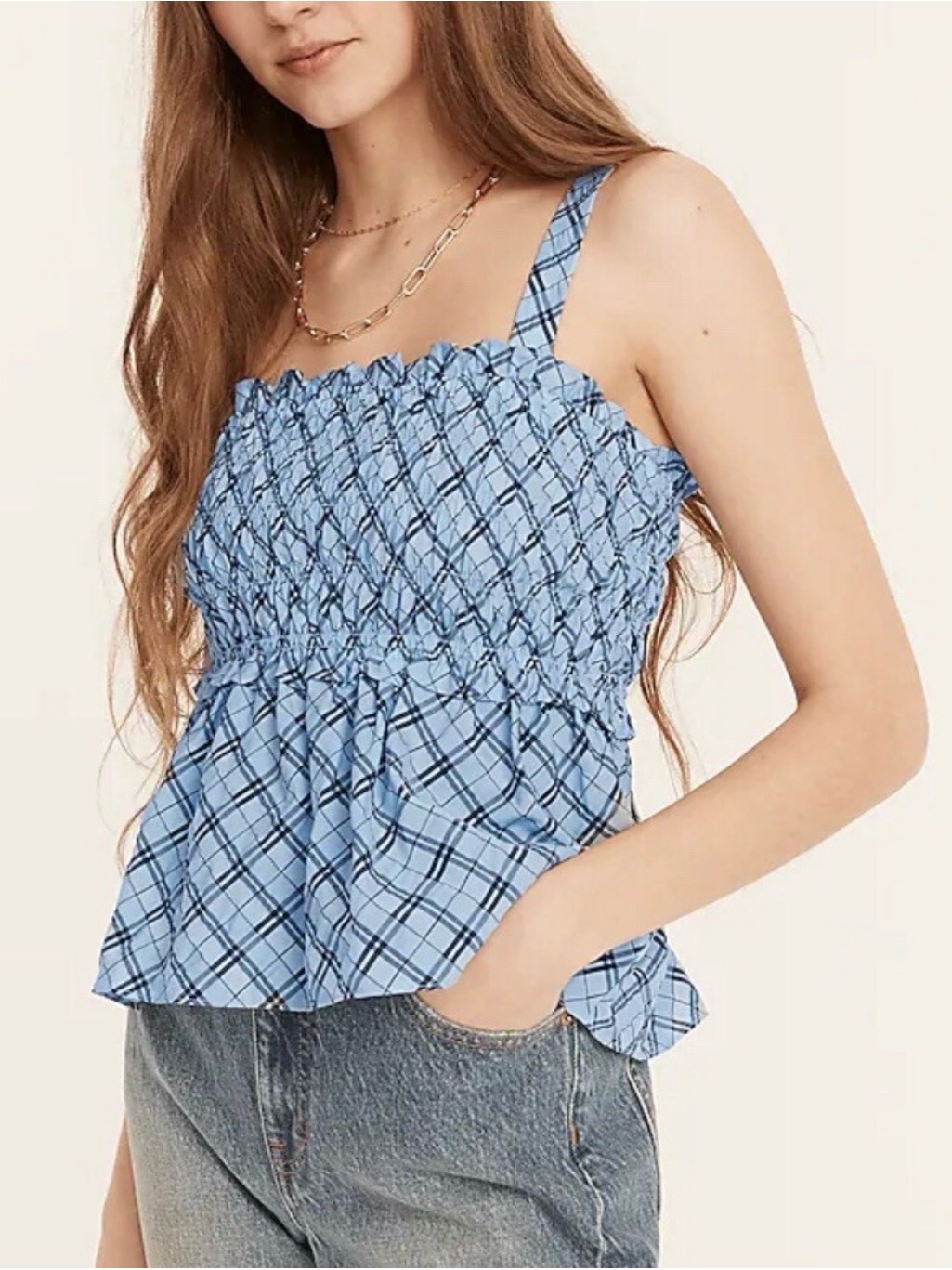 J. Crew Light Blue Plaid Smocked Camisole